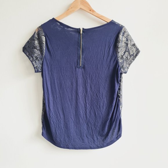 Papaya Navy Gold Floral Short Sleeve Top UK 14 Back Zip - Picture 4 of 6